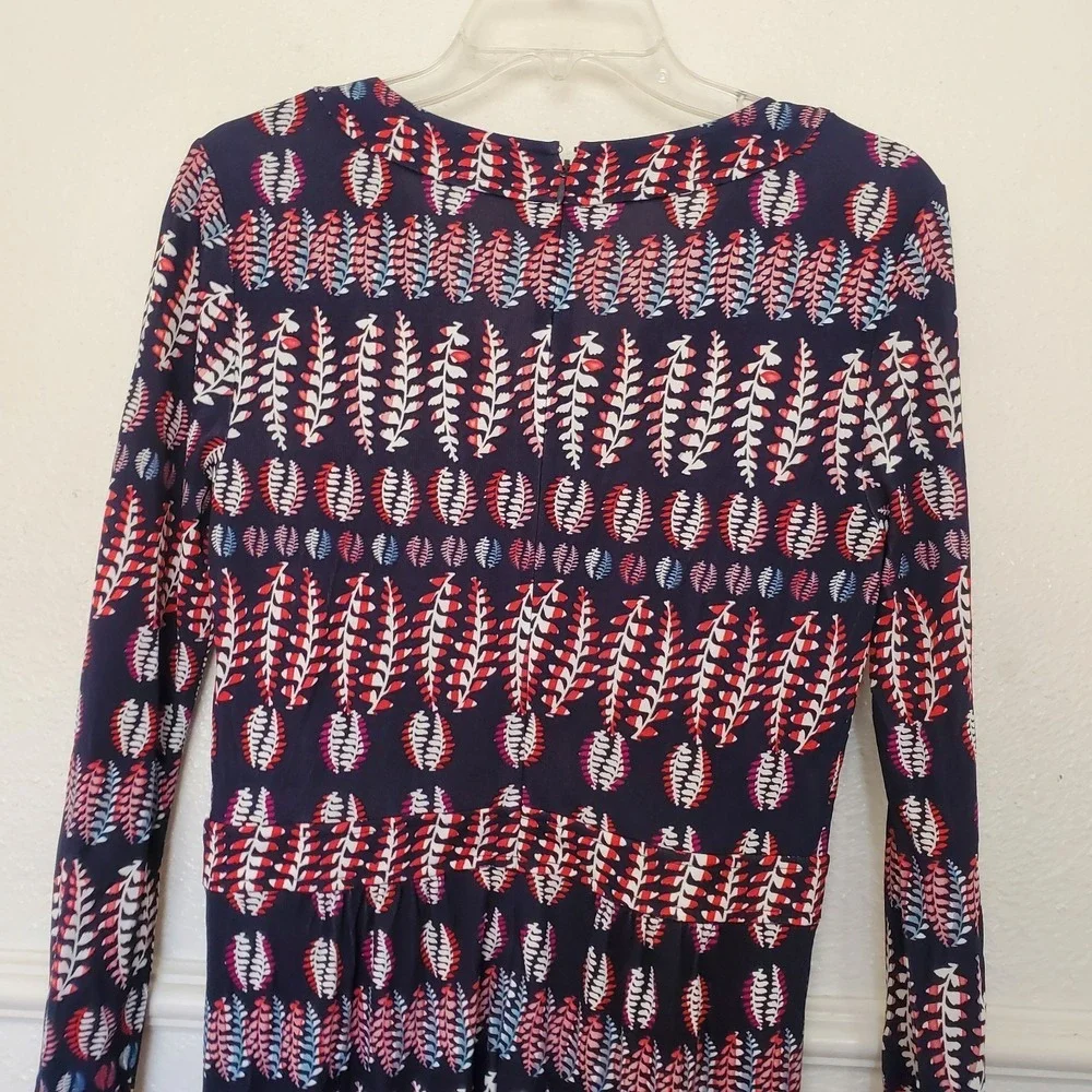 Tory Burch Navy Red Leaf Print V-Neck Long Sleeve Jersey Dress Small 51152494